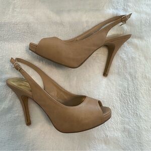 Thalia Sodi Tan Peep-Toe Slingback Heels, size 11
